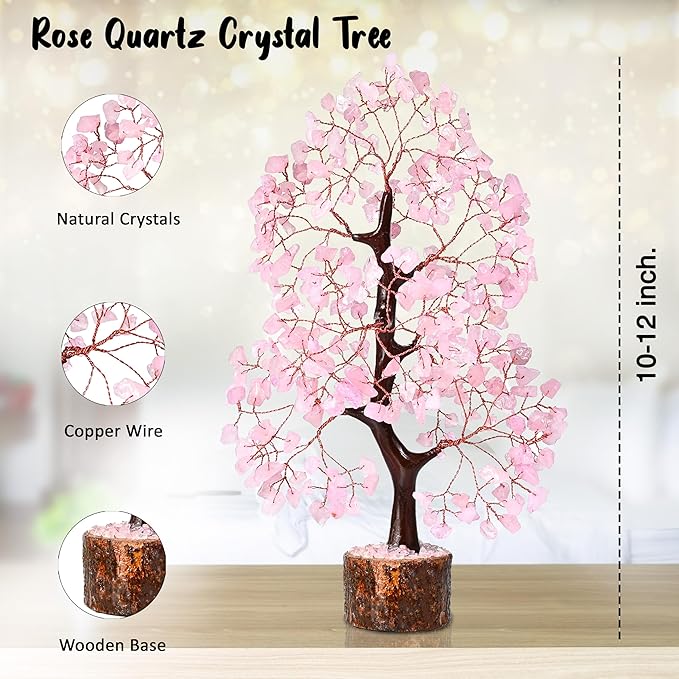 Rose Quartz Crystal Tree of Life Pink Room Decor & Healing Crystals Cute Desk Accessories Spiritual Birtdhay Gifts for Women House Warming Gifts New Home Decor for Mom Sister & Girlfriend