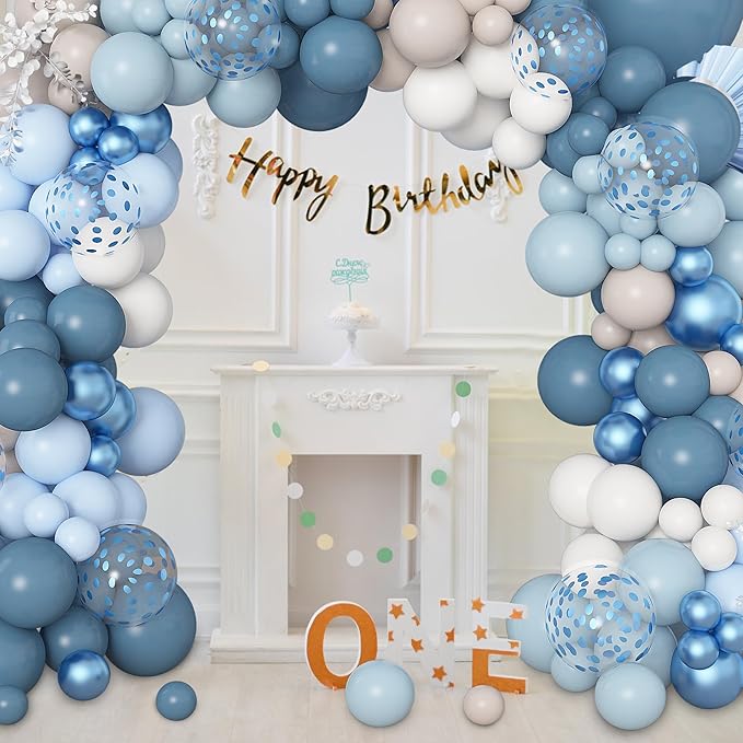 Amandir 173Pcs Dusty Blue Balloon Arch Garland Kit, Baby Light Dusty Blue White Sand Metallic Blue Confetti Balloons for Boy Baby Shower Gender Reveal Wedding Birthday Party Decorations Supplies