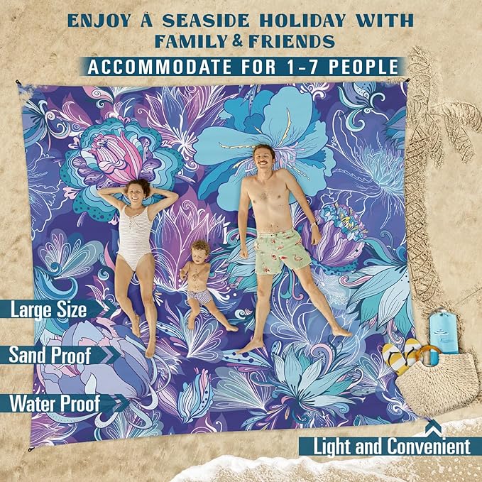 Famstar Beach Blanket Sandproof Waterproof 78''×110'' 1-7Adults Oversized,Compact Lightweight Durable Beach Mat for Travel Camping Hiking Picnic Blanket