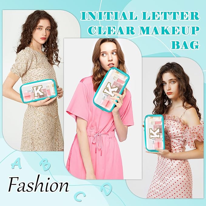 Personalized Initial Letter Clear Makeup Bag,Preppy Small Nylon&PVC Cosmetic Zipper Bag with Chenille Letter,Portable Beach Travel Skincare Toiletry Bag,Trendy Monogram Gift for Teen Girls Women,K