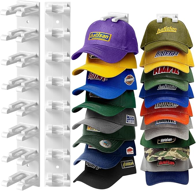 Hat Organizer for Baseball Caps Wall, 2 Pack Hat Holder for Closet Door Holds up to 16 Hats, Hat Hook with Adhesive and 8 Screws, Hat Hanger Cap Holder Hat Hangers for Wall Closet Door Bedroom (A-White)