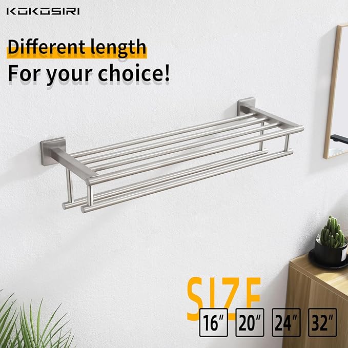 KOKOSIRI 24 Inch Towel Shelf with Double Towel Bars Bathroom Towel Rack Towel Holder Wall Mounted SUS 304 Stainless Steel, Brushed Nickel, B6005BR-L24