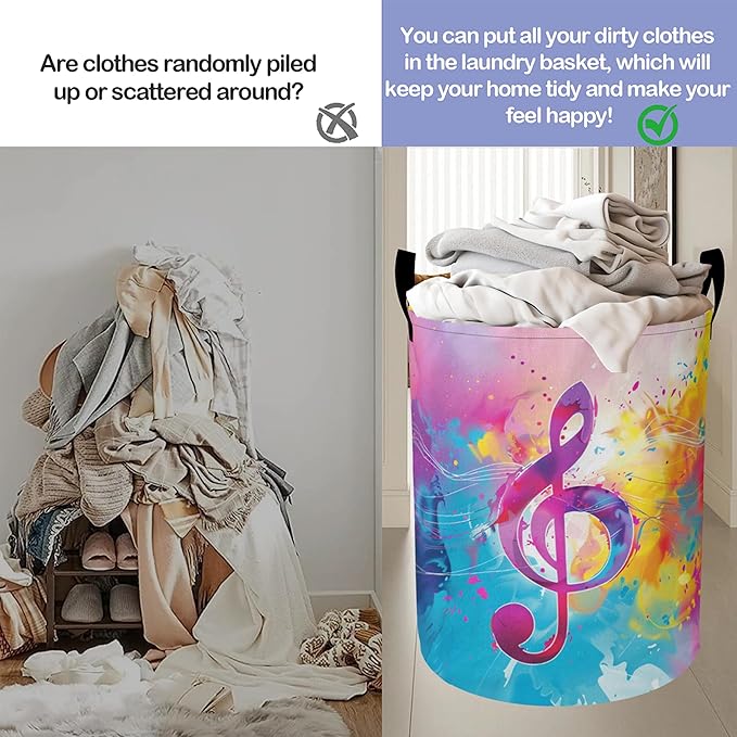 Colorful Music Symbols Laundry Basket-Large Foldable Hamper Holder Portable Tall Collapsible Laundry Hamper Storage Basket Bin with Handles, Canvas & Waterproof lining for Household Items