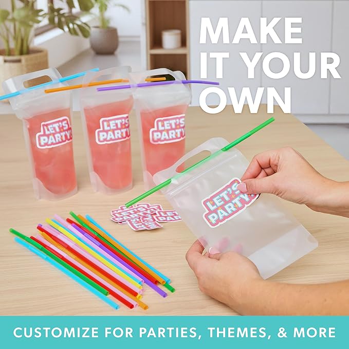 Mrs. Sippy Clear Drink Pouches for Adults - 100 Reusable Plastic Drink Bags with Straws - 17 oz Freezable Juice, Smoothie, and Alcohol Pouches