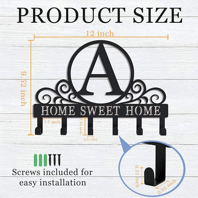 Metal Letter A Key Holder for Wall, Monogram Coat Rack Wall Mount, Key Hooks Perfect for Bathroom, Living Room, Kitchen, Office Ideal Wedding, Anniversary, Housewarming Gift (A)