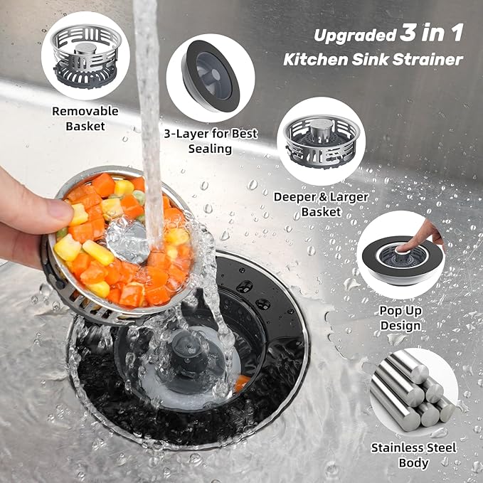 Hibbent Upgraded 3 in 1 Kitchen Sink Drain Strainer, Stainless Steel Pop Up Sink Stopper, Larger Anti-Clogging Basket, 3-Layer Seal, Detachable Drain Plug for US Standard 3-1/2" Drain, Matte Black