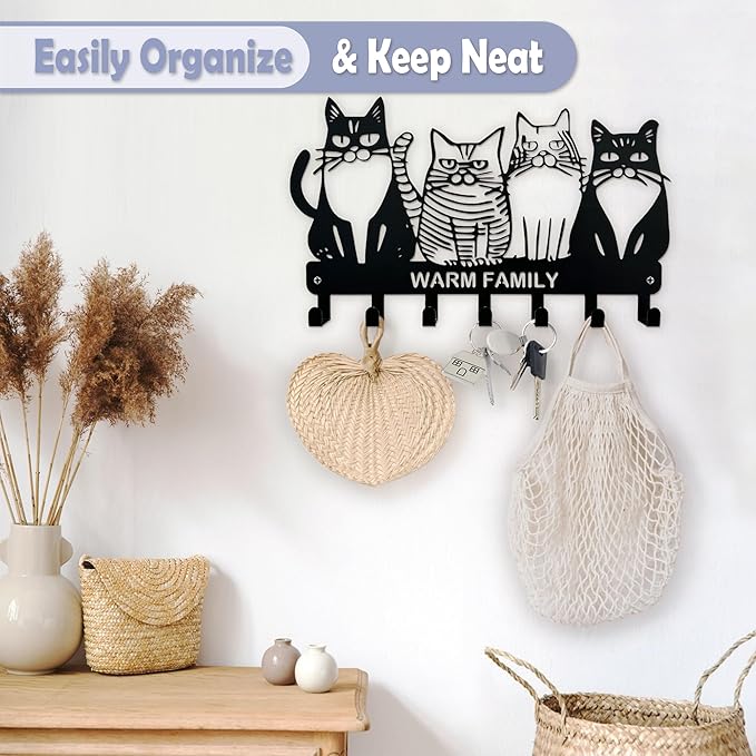 Key Holder for Wall, 11.88'' x 7'' Black Metal Cat Shape Decoration Key Hook Wall Mount Key Rack Hanger Storage Organizer with 7 Hooks for Home Doors Entryway Kitchen Garage Decor
