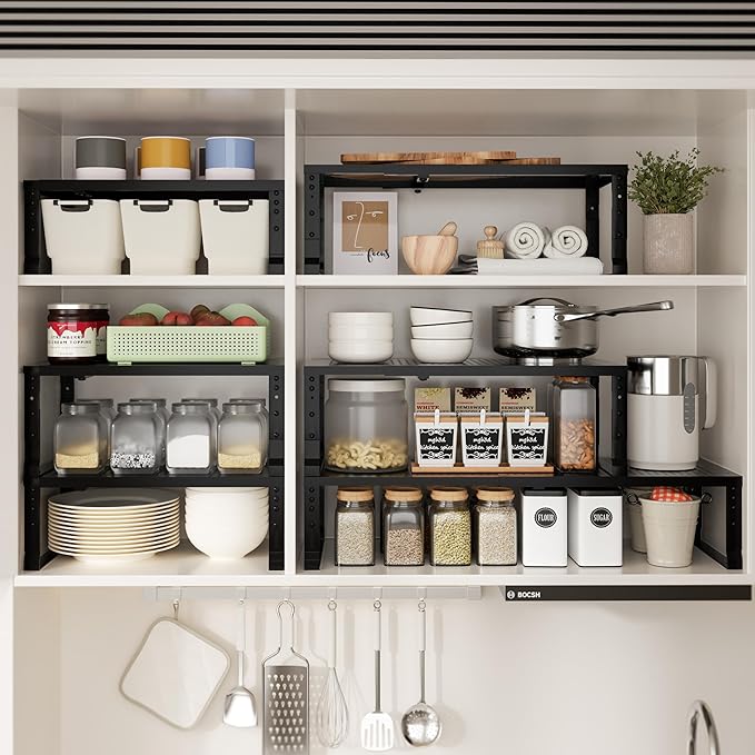 Zilvando Expandable Spice Rack & Kitchen Cabinet Organizer - Stackable, Adjustable Shelves for Cabinets, Countertops, Cupboards & Pantries(1 Pack/Medium/Black)