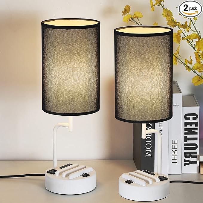 Dreamholder Table Lamp with 3 USB Charging Ports, Modern Desk Lamp with AC Outlet and Phone Stands, Perfect Bedside Lamp for Bedroom, Living Room, Office (Pack of 2), White&Black