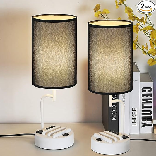 Dreamholder Table Lamp with 3 USB Charging Ports, Modern Desk Lamp with AC Outlet and Phone Stands, Perfect Bedside Lamp for Bedroom, Living Room, Office (Pack of 2), White&Black