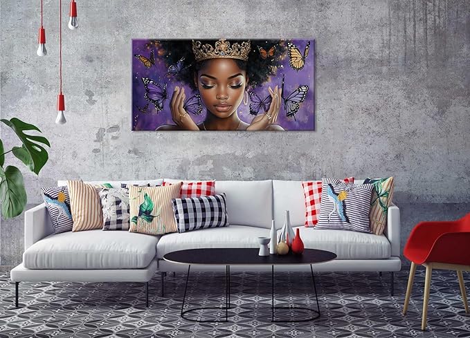 ZESTRILIA African American Wall Art for Girls Room Purple Black Butterfly Canvas Painting Prints Artwork Living Bedroom Office Decor (30x16 Inches)