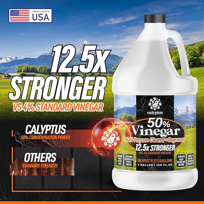Calyptus 50% Pure Concentrated Vinegar | Maximum-Performance (12.5X) Power | Technical Grade | Dilutes Easily to 5% Acidity (1.5 Cups per Gallon) | Home and Outdoor Cleaning Concentrate | 1 Gallon