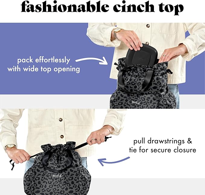 Fit & Fresh Cromwell Drawstring Lunch Bag for Women, Complete Lunch Set with 2 Containers, Stain-Resistant, Leak-Resistant, Back to School Essential, Teacher Lunchbox, Black Cheetah