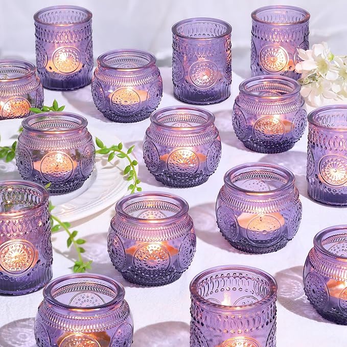30pcs Assorted Purple Votive Candle Holders for Wedding Decorations, Boho Glass Tealight Candle Holder, Wedding Table Centerpieces, Bridal Shower Decorations, Retro Purple Party Decor, Party Favors