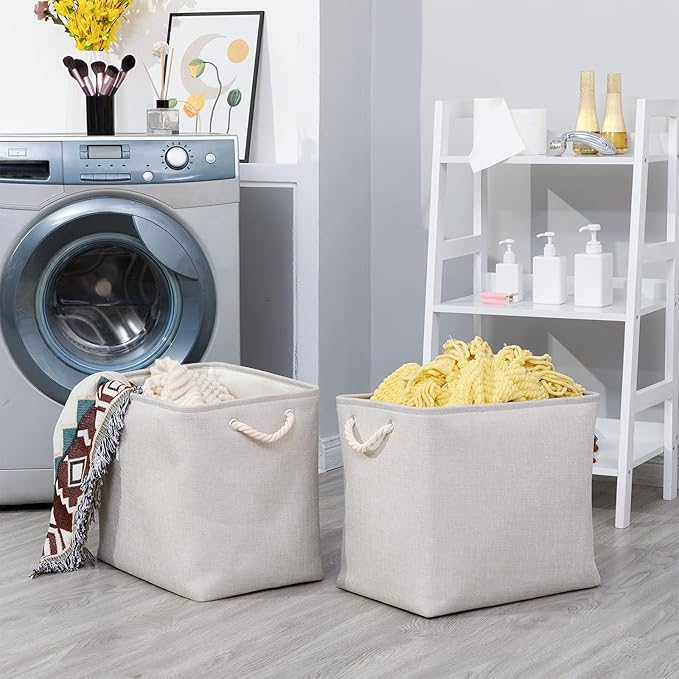 Bidtakay Fabric Beige Baskets, Extra Large Organization Baskets for Clothes, Set of 2 Collapsible Storage Bins for Shelves Cabinet, 17x12x15 In Organizing Bins for Bedroom Blankets Pillow Towels Storage