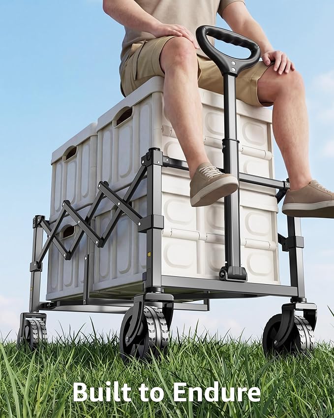Collapsible Wagon Cart with Wheels - 250LBS Heavy Duty Folding Wagon for Groceries Shopping Outdoor Apartment Portable Foldable Utility Grocery Trolley, Black, L