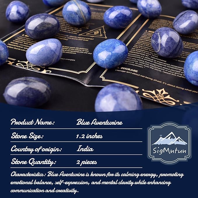 Polished Blue Aventurine Crystal Stones - 2 Pcs of 1.2" Worry Stone for Anxiety, Pocket Palm Stone Super Large Handpicked Natural Tumbled Gemstones for Meditation, Reiki, Chakra Healing, Home Decor