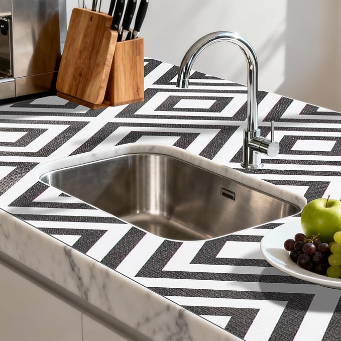FIFTY FEET 12"x120" Non-Adhesive Shelf Liner for Kitchen Cabinets and Drawers, Washable Non-Slip PVC Cabinet Liner (Black Plaid)(10 Roll)
