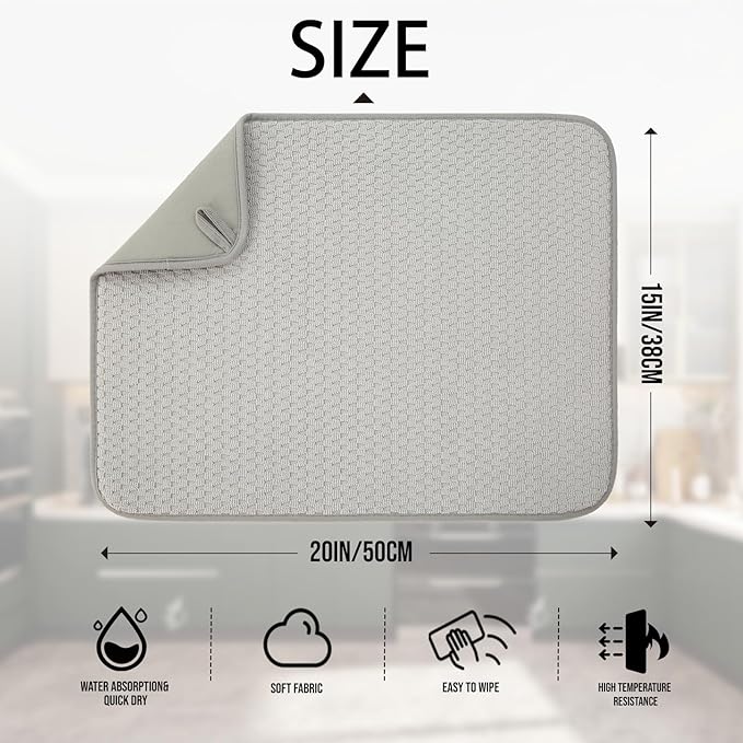 VESHE 2 Pack Microfiber Dish Drying Mat for Kitchen Counter, Ultra Absorbent Dish Drainer Mat, Dish Drying Pad, Dish Rack Mat 20×15 Inch (Silver Gray)