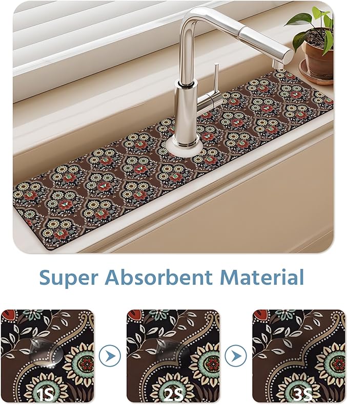 Patterned Sink Faucet Mat Kitchen Splash Guard Super Absorbent Drying Mat, Non-Slip Drain Pad for Kitchen Counter or Bathroom-15x5.5in