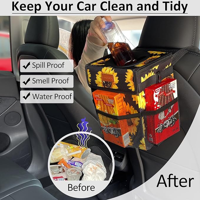 ELONGRIVER Car Trash Can Bin for Back Seat Leak Proof, Cute Car Trash Bag Hanging, Vehicle Trash Can for SUV Truck Van, Automotive Garbage Cans Front Seat Sunflower Floral