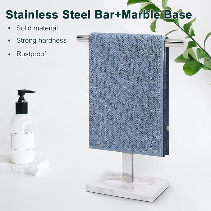 BathAce Hand Towel Holder, T-Shape Hand Towel Stand for Bathroom, Hand Towel Rack Bar Standing for Vanity Kitchen Countertop, 304 Stainless Steel (Marble Base, Chrome)