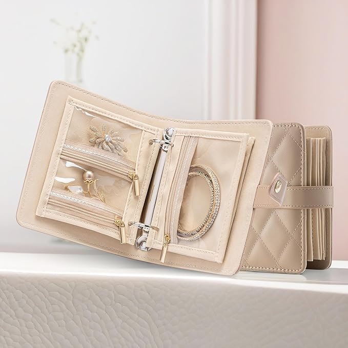 Vlando Small Jewelry Book Organizer - Leather Travel Jewelry Case with 5 Detachable Pages for Necklaces, Rings, Earrings, Tangle-Free, Giftable, Latte