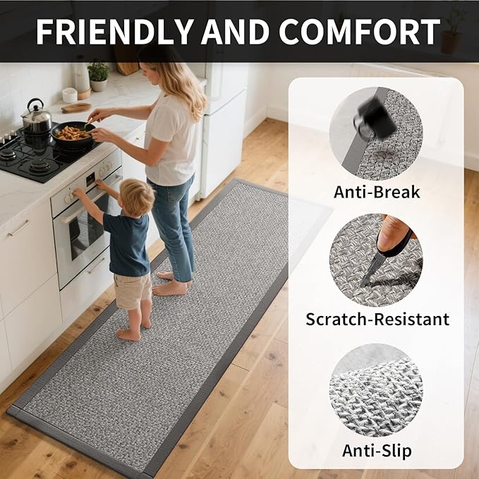 YDKGL Kitchen Rugs Non Slip Washable, Super Absorbent Kitchen Mats for Floor, Rubber Backing Jute-Like Braid Kitchen Sink Mat Runner Rug Standing Mat, Easy to Clean, Gray 17"x47"