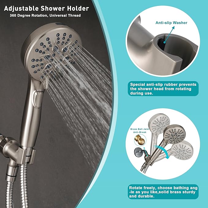GwernKB Handheld Shower Head with on off Switch&Built-in Power Spray,7-Setting High Pressure Shower Wand with 79in Long Hose&Bracket and Extra Adhesive Shower Holder for Lower Mount,Brushed Nickel
