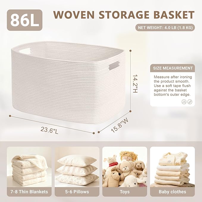 SunNewt 86L Large Baby Girls Laundry Basket for Nursery Storage,Cute Woven cotton Rope Baskets for Kids Toy，Gifts, Boho Square Wicker Blanket hamper for Living Room,Bedroom Dirty Clothes, White