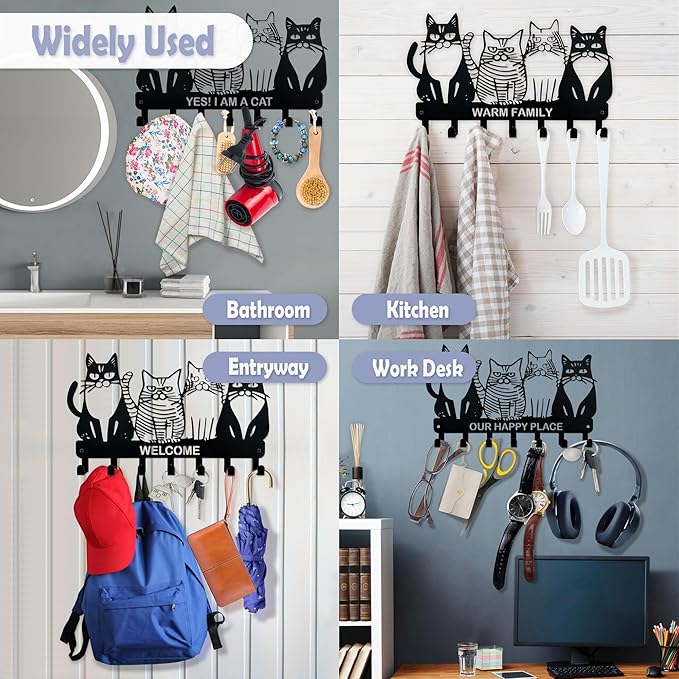 Key Holder for Wall, 11.88'' x 7'' Black Metal Cat Shape Decoration Key Hook Wall Mount Key Rack Hanger Storage Organizer with 7 Hooks for Home Doors Entryway Kitchen Garage Decor