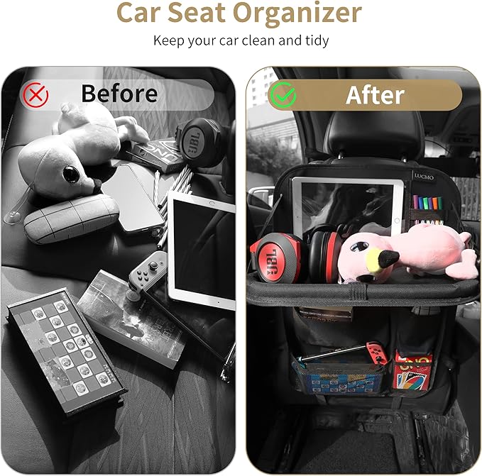 LUCMO Car Backseat Organizer with Tablet Holder, 6 Storage Pockets Car Storage Organizer with Foldable Food Tray, Protectors Kick Mats Travel Accessories - Black