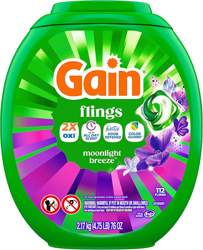 Gain Flings Laundry Detergent Pods Odor Defense + Color Guard, Moonlight Breeze Scent, 3 in 1 HE Detergent Pacs with Oxi Boost and Febreeze, 112 Count (Packaging May Vary)