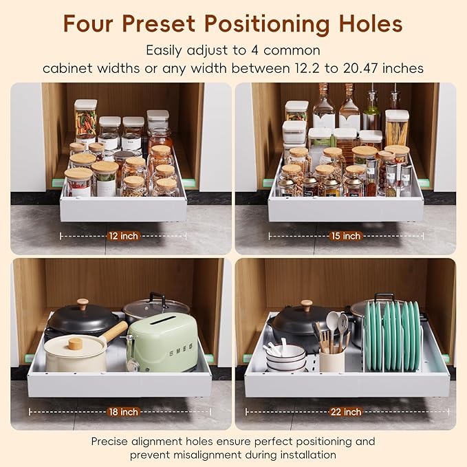 OneDream 1 Pack Pull Out Cabinet Organizer, 21" Deep Slide Out Drawers for Kitchen Cabinets, No Drill Adhesive Pull Out Drawers for Cabinets, Roll Out Shelves Adjustable Width 12.05"-20.4"