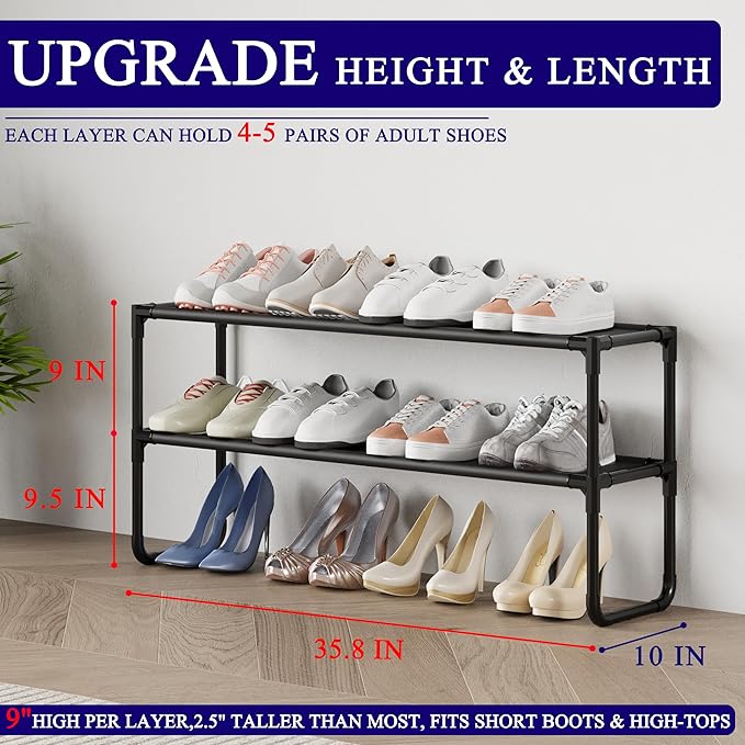 Long Shoe Rack, 2-Tier Stackable Shoe Organizer for Closet, Entryway, Hallway, Extra Bottom Layer, Holds 12-15 Pairs, Sturdy & Durable Waterproof Fabric Shelf, Space-Saving,Black(35.8" Wide)
