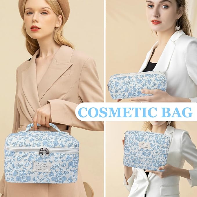 Gosect 3PC Makeup Bag Set, Cute Cosmetic Bag for Women Girls, Floral Coquette Aesthetic Toiletry Bag, Travel Make Up Organizer Bag (Blue Check)