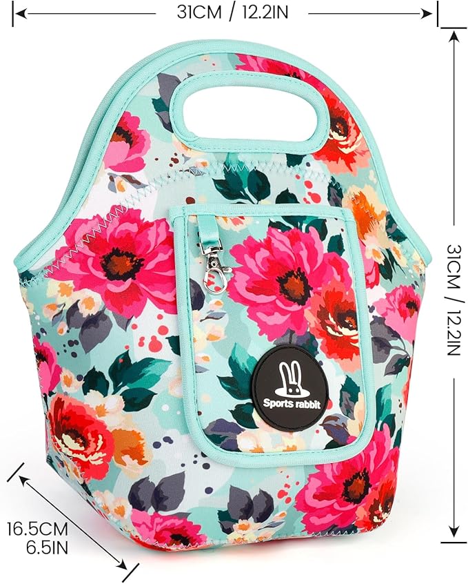 Sports Rabbit Neoprene Insulated Lunch Bag for Women - Front Pocket for Phone&Keys - Reusable, Foldable, Lightweight, Waterproof, Easy to Store & Clean - Ideal for Work,Travel & Picnics(Green flowers)