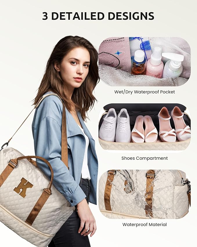 Valentines Initial Duffle Bag with Shoe Compartment, Personalized Weekender Bag, Monogram Overnight Bag for Women with Trolley Sleeve & Wet Pocket, Travel Bag with Makeup Bag (Letter K)