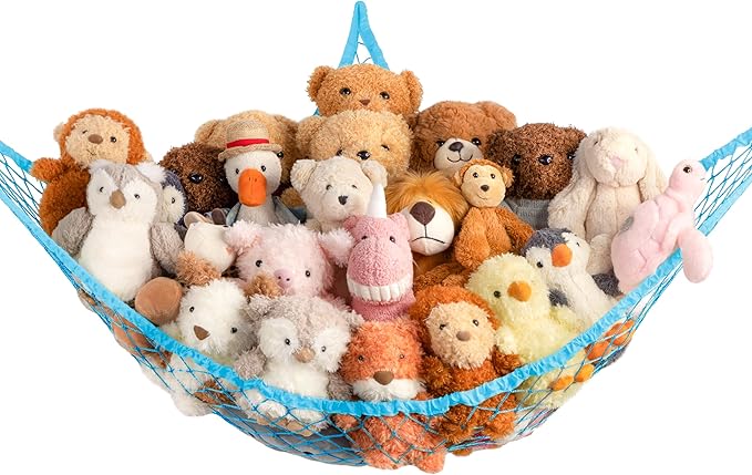 Stuffed Animal Storage Hammock Net Corner - Large Toy Hammock Net for Stuffed Animals Room Decor - Cute Stuff Animal Organizer Holder for Plush Plushie - Kids Baby Nursery Wall Bedroom Home Decor