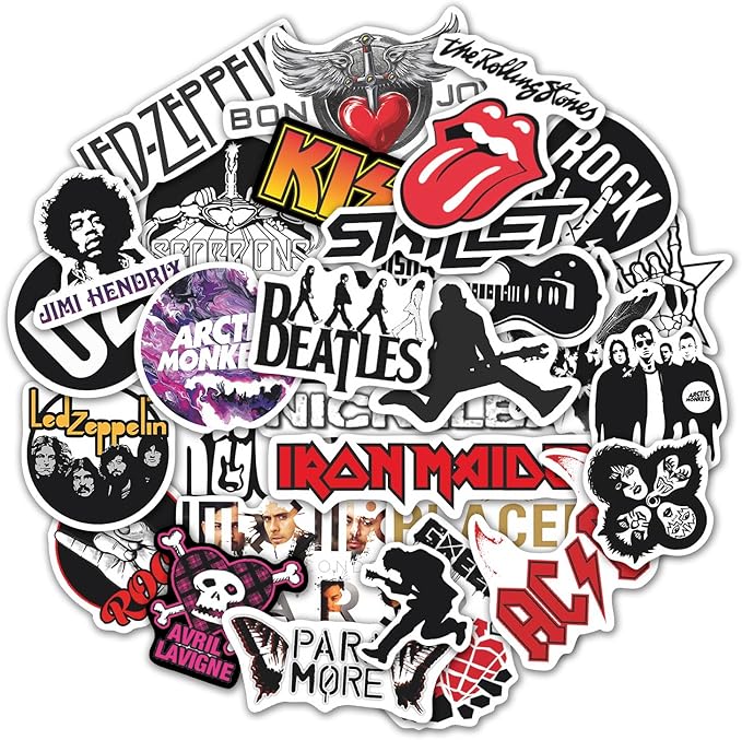 BulbaCraft Classic Rock Stickers, 36pcs Rock and Roll Stickers, R&R Band Decals, Classic R&R Gifts, Waterproof Decals, Guitar Emblems, Music Emblems, 50-70s Rockabilly, Gifts for Women & Men