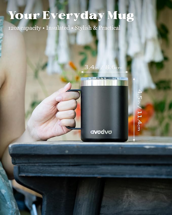 12oz Insulated Coffee Mug with Lid – Includes Two Lids, Stainless Steel Coffee Travel Mug with Handle, Double Wall Vacuum Insulated Camping Mug for Home, Office & Outdoor, Black
