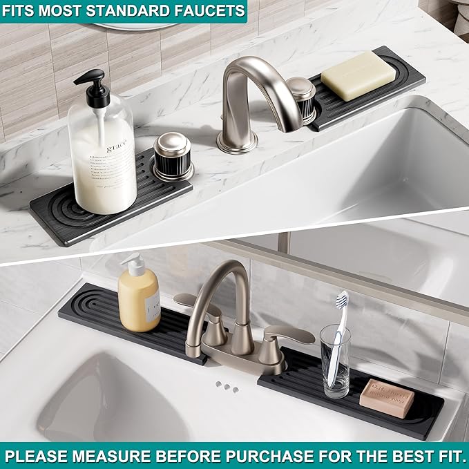 Stone Faucet Mat for Kitchen Sink - Quick Dry Diatomite Sink Splash Guard, Prevents Moisture Buildup & Water Stains, Water Absorbing Stone Tray for Bathroom Countertop (Dark Gray, 23.6" x 4")