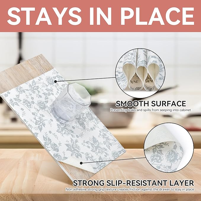 RAY STAR Shelf Liner, Non Adhesive Silver Floral Kitchen Cabinet Liner for Pantry Drawer Vanity, Non Slip, Shelf Liners for Kitchen Cabinets Cupboard 18 Inch x 8 FT (10 Rolls) Signature Delivery