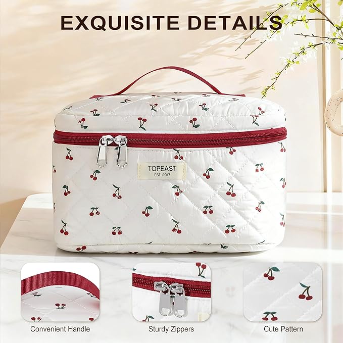 TOPEAST Christmas Gifts for Women Girls - 3Pcs Travel Makeup Bag Large Cotton Quilted Make Up Brush Bags, Portable Cute Cosmetic Bag Sets Machine Washable Toiletry Pouch, Cherry