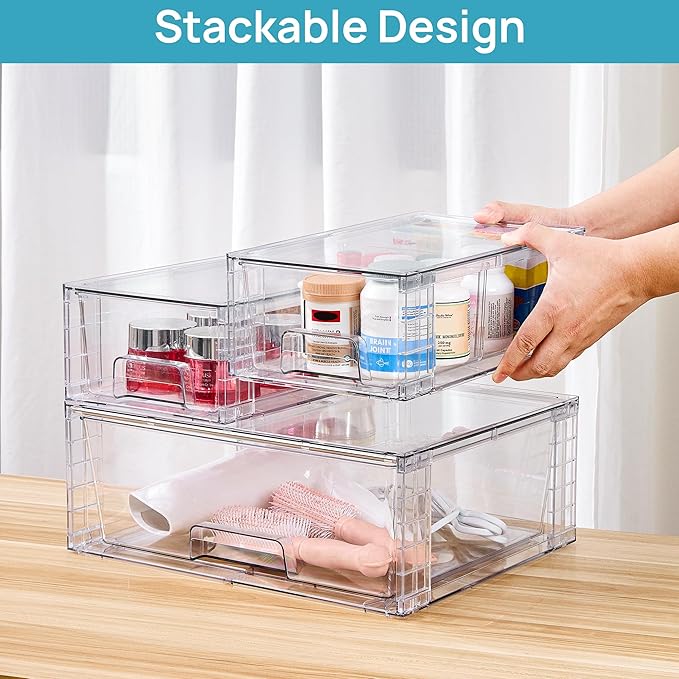 Vtopmart Clear Stackable Storage Drawers Set of 6, Easily Assemble Acrylic Bathroom Undersink Organizers, Plastic Storage Bins for Closet, Cabinet, Pantry, Medicine Organization