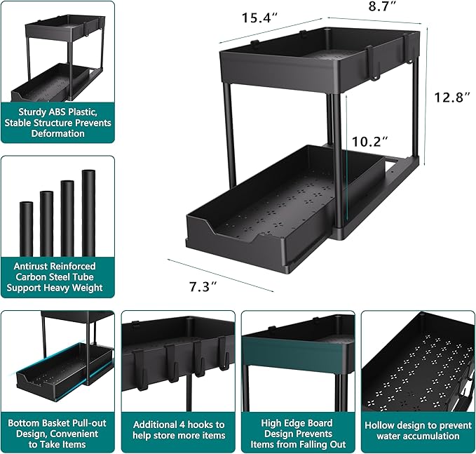 2 Pack Under Sink Organizer, 2 Tier Bathroom Cabinet Organizer with Sliding Basket, Multi-Purpose Under Sink Organizers and Storage for Bathroom Kitchen (Black 2 Pack)