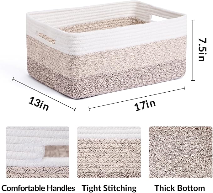 MiniArk Large Storage Baskets for Organizing, Closet Shelf Baskets for Clothes Blanket Towels, Baby Nursery, Toy Bins Box, Woven Rope Basket, 17 x 13 x 7.5”, 3 Packs Gradient Brown