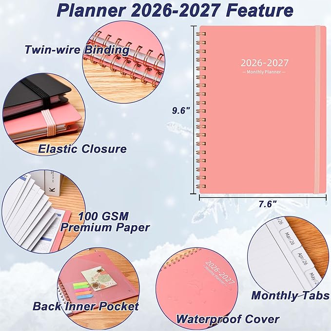Monthly Planner 2026-2027 (7.6'' x 9.6''), 18 Months Monthly Planner from Jan 2026-Jun 2027, Calendar 2026 Planner with Tabs & Pocket, Pink