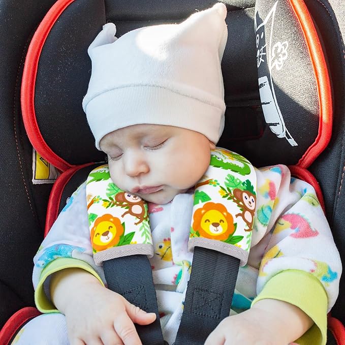 Seat Belt Cover Pad for Baby, Soft Seatbelt Cushion Covers for Kids, 2 Pcs Car Seat Strap Shoulder Pads for All Car Seats, Stroller, High Chair, Green Zoo