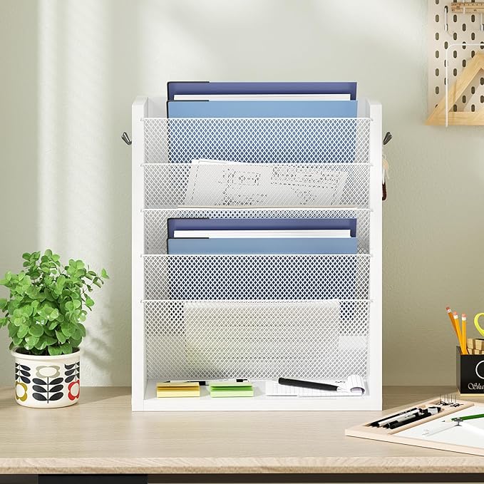 Creso hom Mail Organizer Wall Mounted, 6-Tier Wall File Organizer with 2 Hooks, Wooden Desk Organizer Magazine Holder with Bottom Flat Tray, for Office Home, White